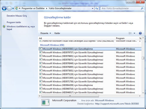 Windows 7 de Yüklü Güncellemeleri Kaldırma